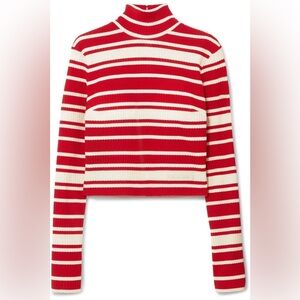 Prada Striped Ribbed-Knit Turtleneck Cherry Red & Cream Top